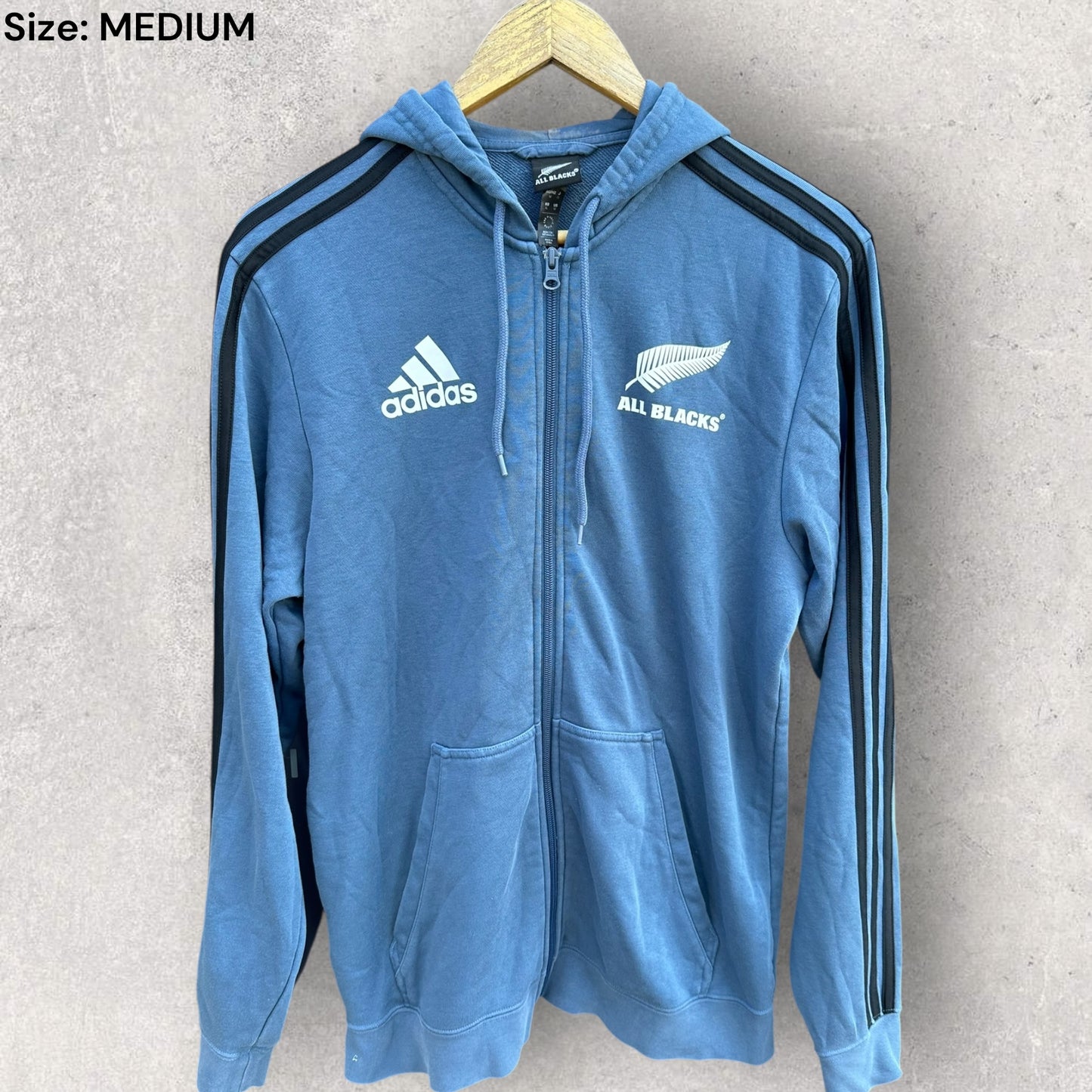 New Zealand All Blacks Adidas Blue Full zip Hooded Rugby Union Jumper