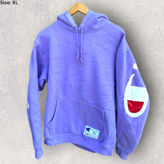 SUPREME X CHAMPION BACK LOGO PURPLE HOODED JUMPER