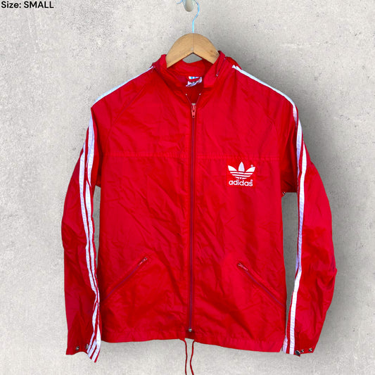 ADIDAS VINTAGE 80S RED WINDBREAKER HOODED JACKET